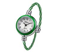 Blekon Collections Women's Cuff Watch - Round Analog Display Arabic Numbers 23mm Case Wire Bracelet Watch for Women Elegant Cable Cuff Bangle Wrist Watch, Silver/Green, Casual, Classic, Elegant, Women