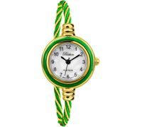 Blekon Collections Women's Cuff Watch - Round Analog Display Arabic Numbers 23mm Case Wire Bracelet Watch for Women Elegant Cable Cuff Bangle Wrist Watch, Gold/Green