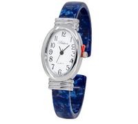 Blekon Collections Women's Round, Oval, Rectangle Case Shapes Acrylic Tortoise Shell Color Design Cuff Bangle Watch, Silver/White/BluePearl/Oval