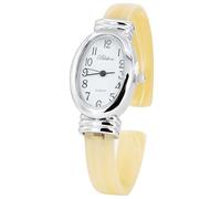 Blekon Collections Women's Round, Oval, Rectangle Case Shapes Acrylic Tortoise Shell Color Design Cuff Bangle Watch, Silver-Ivory/Oval