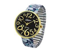 Blekon Women's 41mm Floral Face Stretch Band Watch - White & Black Expansion Bracelet, Bold Multicolor Dial, Easy-Wear Large Face Watch for Women, Black/White/Blue