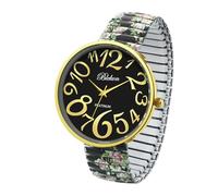 Blekon Women's 41mm Floral Face Stretch Band Watch - White & Black Expansion Bracelet, Bold Multicolor Dial, Easy-Wear Large Face Watch for Women, Black