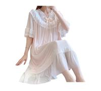 Blended Fabric Pajama Dress Short-Sleeved For Women Solid Color Lace Pajama Dress Can Be Worn As A Sweet Home Wear(Pale Red,L)