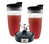 Blender 24 oz Cups with Lids & 7 Fins Extractor Blade Replacement Parts Compatible with Nutri Ninja Auto iQ AMZ493BRN BL450-30 BL456-30 BL480-30 BL480D BL482-30 BL494 BL642 BL682 BN401 BN801 CT682SP