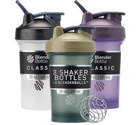BlenderBottle Classic V2 Shaker Bottle Perfect for Protein Shakes and Pre Workout, 20-Ounce (3 Pack), Black, Tan/Blue, Purple