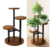 Blendra 3 Tier Metal Plant Shelf for Multiple Plants, Tiered Small Round Flower Stand for Patio Garden Balcony Living Room Bedroom (Black + Brown)