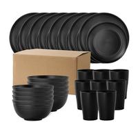 Blendra 32 Pieces Plates and Bowls Set,Plastic Plate Set,Microwave & Dishwasher Safe,Dinner Sets for 8 Include 22.5cm Dinner Plates, 19.5cm Salad Plates,320ml Cup,800ml Bowls(Black)