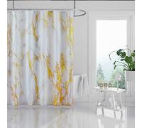 BLESFOREVER Gold White Marble Shower Curtain Set with 12 Hooks, Luxury Abstract White Grey Gold Marble Shower Curtains for Bathroom, Waterproof Fabric, 72" W x 72" L