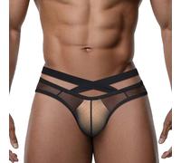 BLESO Men's Sexy Briefs Low Rise Sheer Sleek Cross-Strap Underwear See Through Femboy Sissy Panties, Black-v2, XXL