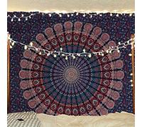 Bless International Handmade Indian hippie Bohemian Psychedelic Peacock Mandala Wall hanging College Dorm Beach Throws Table Cloth Bedding Tapestry (Midnight Blue, Queen(84x90Inches)(215x230Cms))