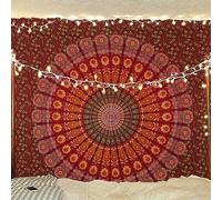 Bless International Handmade Indian hippie Bohemian Psychedelic Peacock Mandala Wall hanging College Dorm Beach Throws Table Cloth Bedding Tapestry (Maroon Yellow, Queen(84x90Inches)(215x230Cms))
