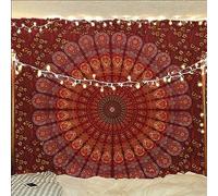 Bless International Handmade Indian hippie Bohemian Psychedelic Peacock Mandala Wall hanging College Dorm Beach Throws Table Cloth Bedding Tapestry (Maroon Yellow, Medium(54x60Inches)(137x152cms))