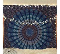 Bless International Indian hippie Bohemian Psychedelic Peacock Mandala Wall hanging Bedding Tapestry (Blue Green, 264.16L X 223.52W cm)