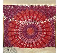 Bless International Indian hippie Bohemian Psychedelic Peacock Mandala Wall hanging Bedding Tapestry (Blue Red, Queen (84x90Inches)(215x230Cms))