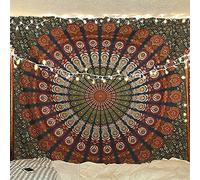 Bless International Indian hippie Bohemian Psychedelic Peacock Mandala Wall hanging Bedding Tapestry (Golden Green, 264.16L X 223.52W cm)