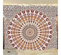 Bless International Indian hippie Bohemian Psychedelic Peacock Mandala Wall hanging Bedding Tapestry (Orange Brown, Queen (84x90Inches)(215x230Cms))