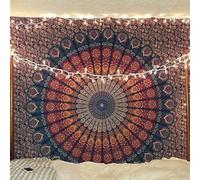 Bless International Indian hippie Bohemian Psychedelic Peacock Mandala Wall hanging Bedding Tapestry (Golden Blue, Medium (54x60Inches)(137.16x152.40cms))