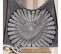 Bless International Indian hippie Bohemian Psychedelic Peacock Mandala Wall hanging Bedding Tapestry (Black White, Queen (84x90Inches)(215x230Cms))
