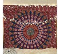 Bless International Indian hippie Bohemian Psychedelic Peacock Mandala Wall hanging Bedding Tapestry (Golden Red Green, Queen (84x90Inches)(215x230Cms))