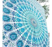 Bless International Indian hippie Bohemian Psychedelic Peacock Mandala Wall hanging Bedding Tapestry (Peacock Sky Blue, 264.16L X 223.52W cm)