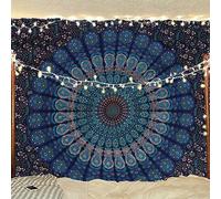 Bless International Indian hippie Bohemian Psychedelic Peacock Mandala Wall hanging Bedding Tapestry (Blue Green, Medium (54x60Inches)(137x152cms))