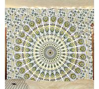 Bless International Indian hippie Bohemian Psychedelic Peacock Mandala Wall hanging Bedding Tapestry (Yellow Green, 182.88L X 137.16W cm)
