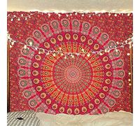 Bless International Indian hippie Bohemian Psychedelic Peacock Mandala Wall hanging Bedding Tapestry (Golden Red, Queen (84x90Inches)(215x230Cms))