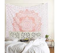 Bless International Indian Traditional Mandala Hippie Wall Hanging, Cotton Tapestry Ombre Bohemian Bedspread (Queen (84x90 Inches)(215x230 Cm), Rose Gold Flower)