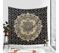 Bless International Indian Traditional Mandala Hippie Wall Hanging, Cotton Tapestry Ombre Bohemian Bedspread (King (88x104Inches)(225x265Cms)), Black Gold Flower