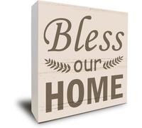 Bless Our Home Farmhouse Kitchen Decor Wood Box Sign Rustic Wood Plaque Farmhouse Block Sign Rustic Home Decor Office Tabletop Desk Decor Gift for Women Men 5x5 Inches