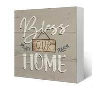 Bless Our Home Wood Box Sign Desk Decor - Rustic Home Decor, Blessed Signs for Home Decor, Housewarming Decorations, House Warming Gifts for New Home, 5x5
