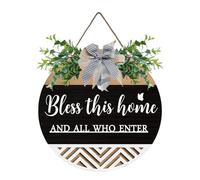 Bless This Home and All Who Enter Wooden Front Door Sign Decoration Hanging Christian Home Porch Wall Decor Welcome Porch Wall Sign with Bow-Knot Wreath Gift for Kitchen Entryway Porch Front Door