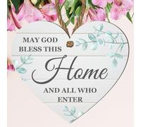 Bless This Home Heart Plaque - "May God Bless This Home and All Who Enter" - Wooden Hanging Sign - Wall Décor for House, Living Room, or Entryway (Large: 23 cm (H) × 20 cm (W))