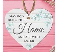 Bless This Home Heart Plaque - "May God Bless This Home and All Who Enter" - Wooden Hanging Sign - Wall Décor for House, Living Room, or Entryway (Medium: 15 cm (H) × 13 cm (W))