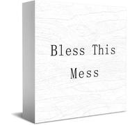 Bless This Mess Wooden Box Sign Decorative Funny Office Home Decor Rustic Farmhouse Square Desk Decor Sign For Shelf 5 X 5 Inches