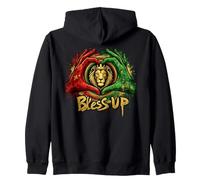 Bless Up Lion of Judah Crowned Art with Rasta Heart Hands Zip Hoodie
