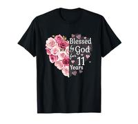 Blessed by God for 11 Years Rose Flower Heart 11th Birthday T-Shirt