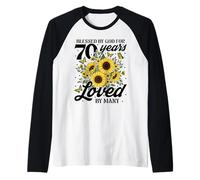 Blessed by God for 70 Years Loved Sunflower 70th Birthday Raglan Baseball Tee