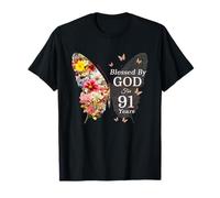 Blessed By God For 91 Years Butterfly Flower 91st Birthday T-Shirt