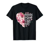 Blessed by God for 91 Years Rose Flower Heart 91st Birthday T-Shirt