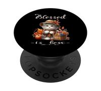 Blessed Is Best Fall & Autumn Cute White Vintage Kitty & Hat PopSockets Adhesive PopGrip