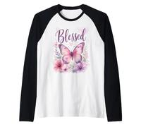 Blessed - Women's Christian Faith Butterfly Watercolor Raglan Baseball Tee