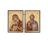 BlessedMart Orthodox Christian Pocket Diptych Icons - Folding Mini Byzantine Icons of Christ and Theotokos - 3.35" Tall Travel Icons (Theotokos Axion Estin and Christ Pantocrator)