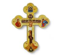 BlessedMart Ukrainian Orthodox Wall Cross - Wooden Byzantine Crucifix with Theotokos and St John for Home Altar - 8 Inch
