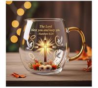 Blessing Bible Mug - Handcrafted Clear Glass Christian Mug with Inspirational Scripture Verse and Cross, Religious Gifts for Women Men, 10oz Faith-Based Encouragement Coffee Cup (C)