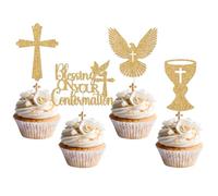 Blessing On Your Confirmation Cupcake Toppers, First Communion Decorations, God Bless Dove Cross Cupcake Picks, Religious Baptism Christening Baby Shower Wedding Party Decorations 20pcs (Gold)