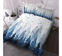 BlessLiving 3D Duvet Cover Set Pine Trees Brushed Pattern Printed Bedding Set with Zipper Closure 3 Pieces Blue Rustic Mountains Forest Quilt Cover (Double)