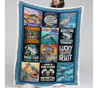 BlessLiving 3D Fishing Hunting Theme Sherpa Throw Blanket Plush Soft Fleece Throw Twin/Double (150x200cm) Size Blue and Black Bed Spreads, Grandpa Dad Birthday Gift