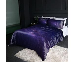 BlessLiving 3D Galaxy Single Luxury Silky Bedding Set Among Stars in The Blue and Purple Space Ultra Soft Silky Duvet Cover with 2 Pillow Case Galaxy Themed Gifts (3 Piece)