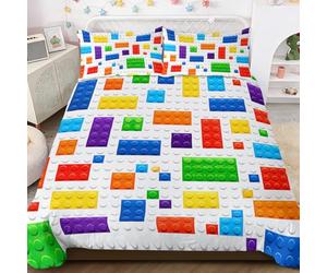 BlessLiving Building Block Bedding Set for Kids Boys Colorful Toy Bedset 3 Piece Teens Modern King Size Comforter Cover Sets (White)